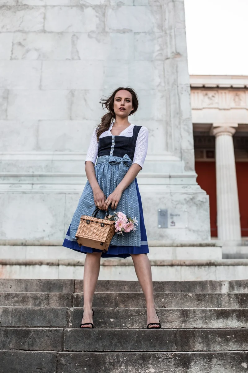 LODEN DIRNDL KARO FLOWER STRIPES DUNKELBLAU/ ENZIAN