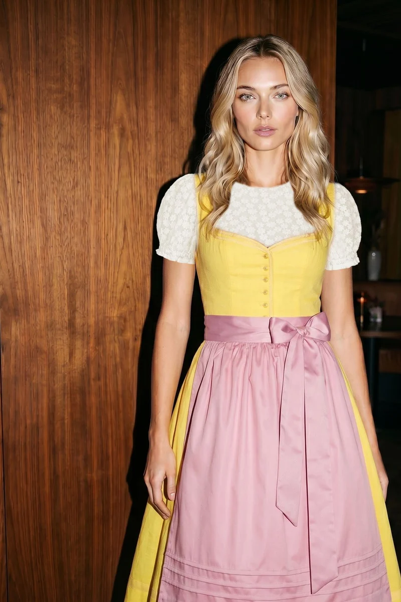 LEINENDIRNDL MONOCHROME LOVE GELB/ SORBETROSA