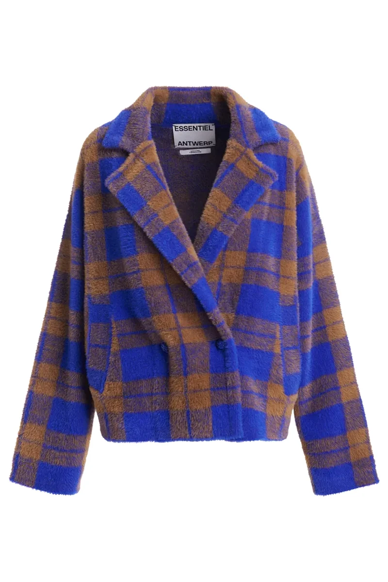 Essentiel Antwerp Damen Strick-Cardigan mit Karomuster Karreau Blau/Braun