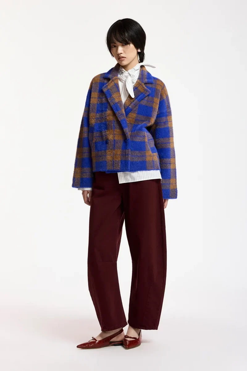 Essentiel Antwerp Damen Strick-Cardigan mit Karomuster Karreau Blau/Braun