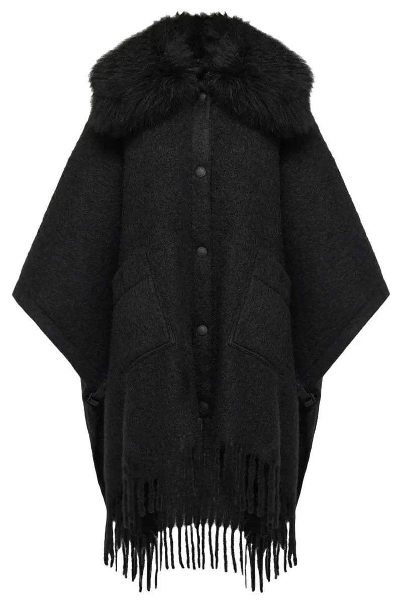 Moncler Grenoble Damen Cape mit Lammfellkragen Schwarz