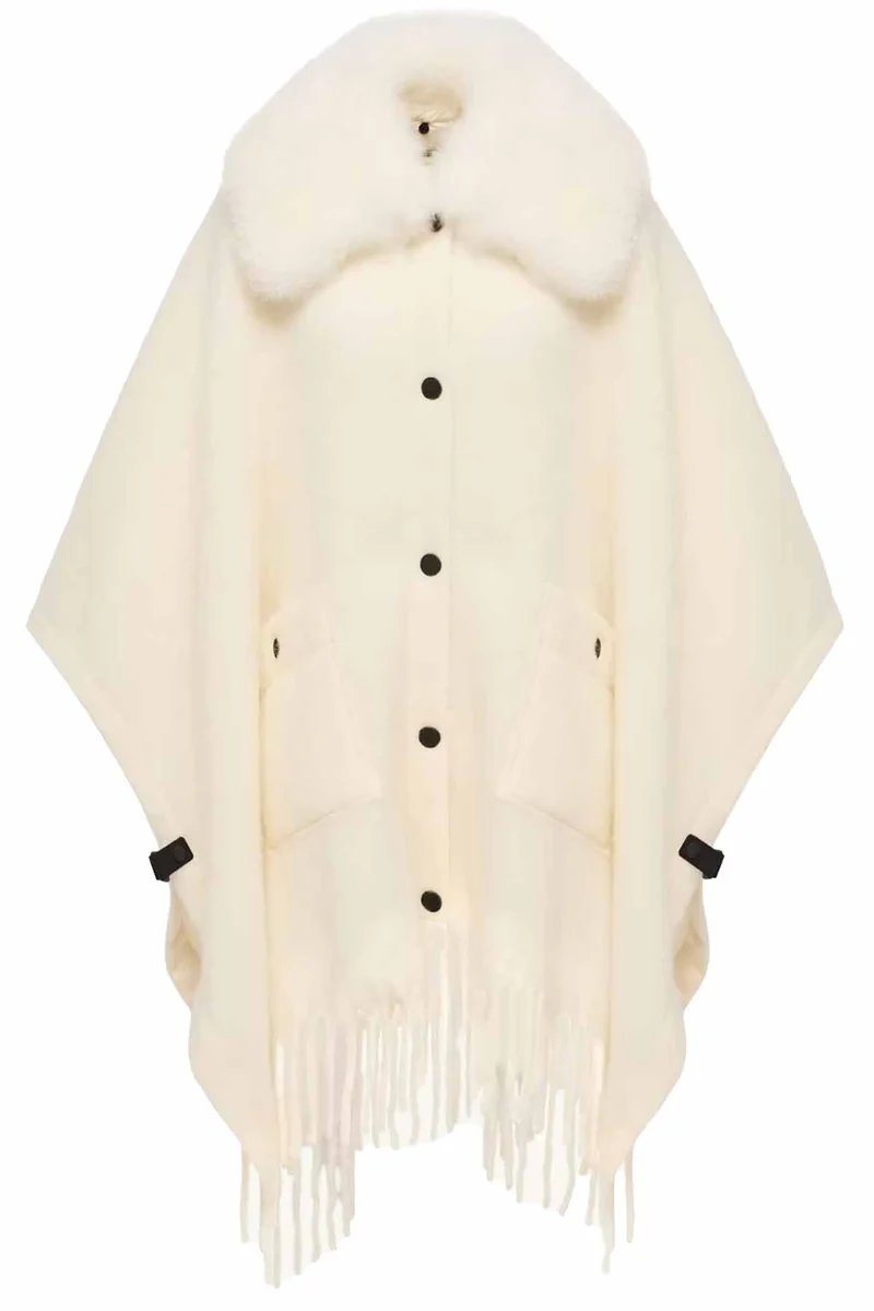 Moncler Grenoble Damen Cape mit Lammfellkragen Weiss