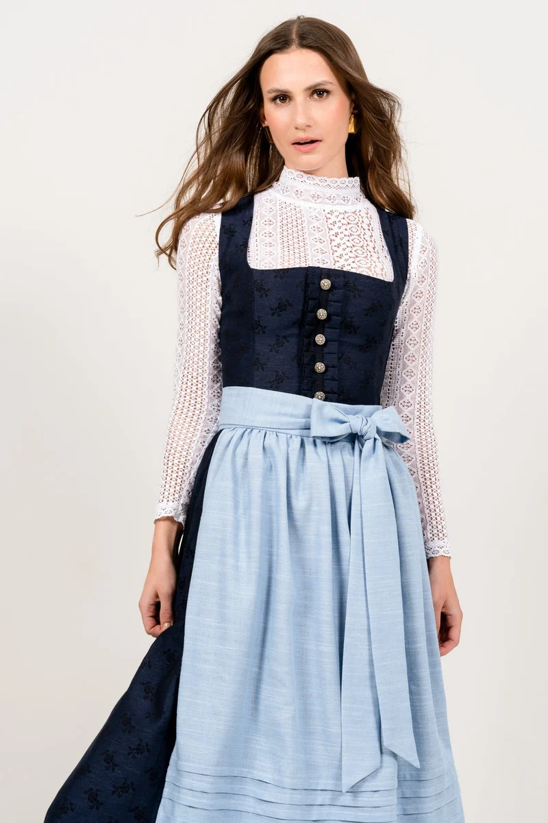 JACQUARD LEINEN DIRNDL TRADITIONAL BOUQUET NAVY/ HELLBLAU