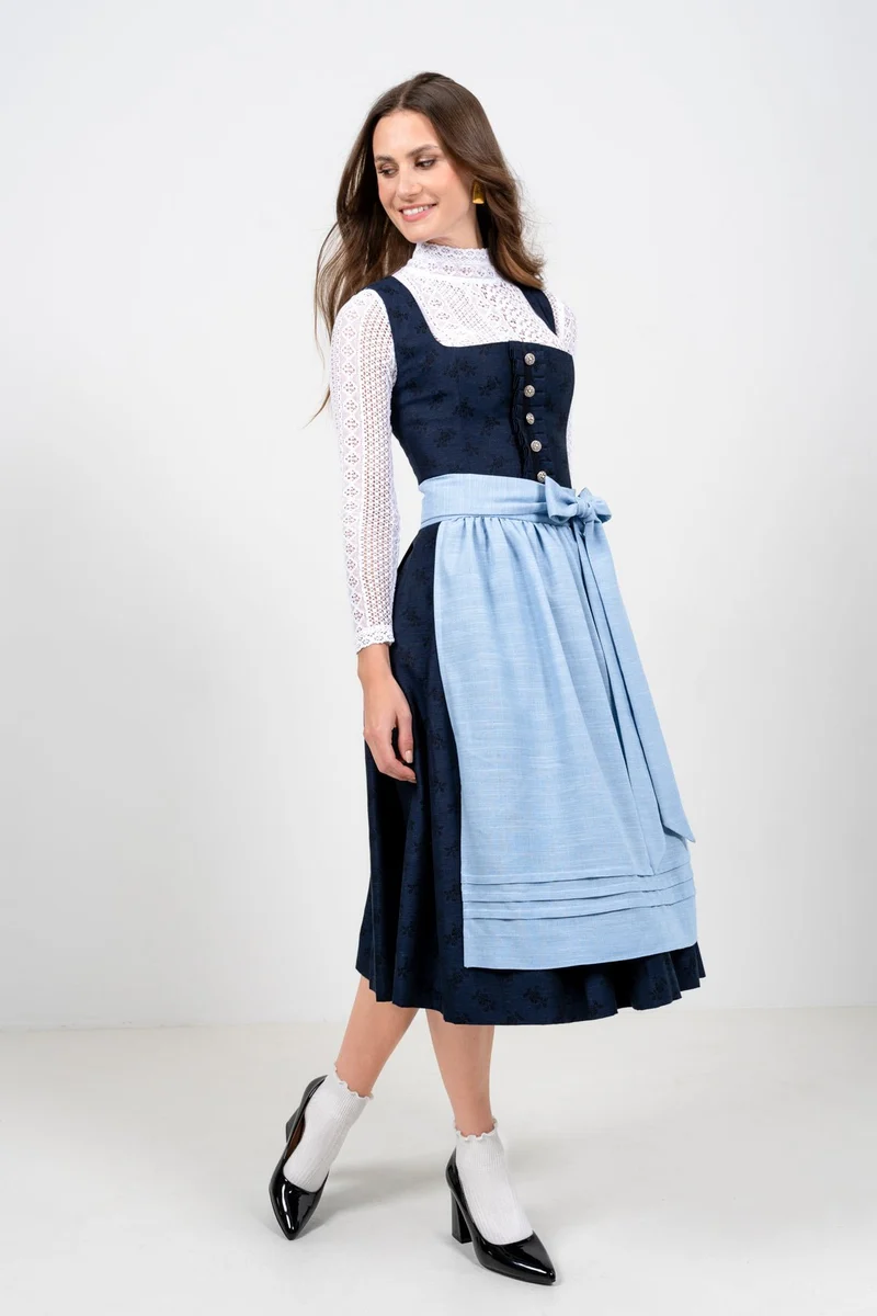 JACQUARD LEINEN DIRNDL TRADITIONAL BOUQUET NAVY/ HELLBLAU