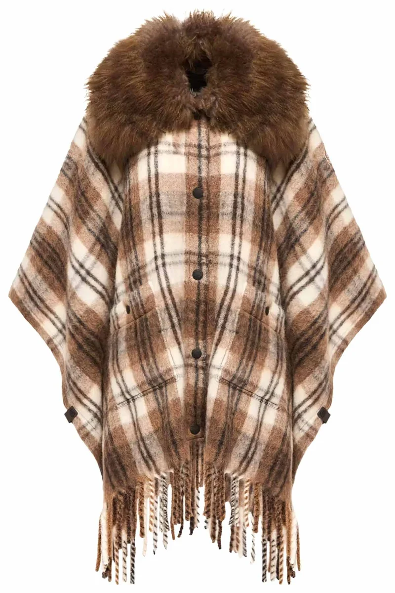 Moncler Grenoble kariertes Damen Cape mit Lammfellkragen Braun/Weiss