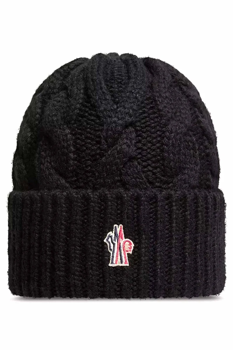 Moncler Grenoble Damen Strickmütze mit Zopfmuster Schwarz