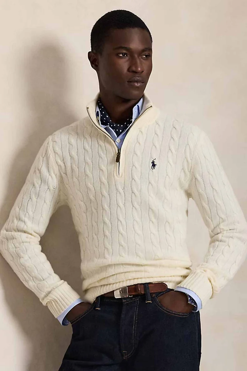 Polo Ralph Lauren Herren Strickpullover mit Zopfmuster und Reißverschluss Andover Cream