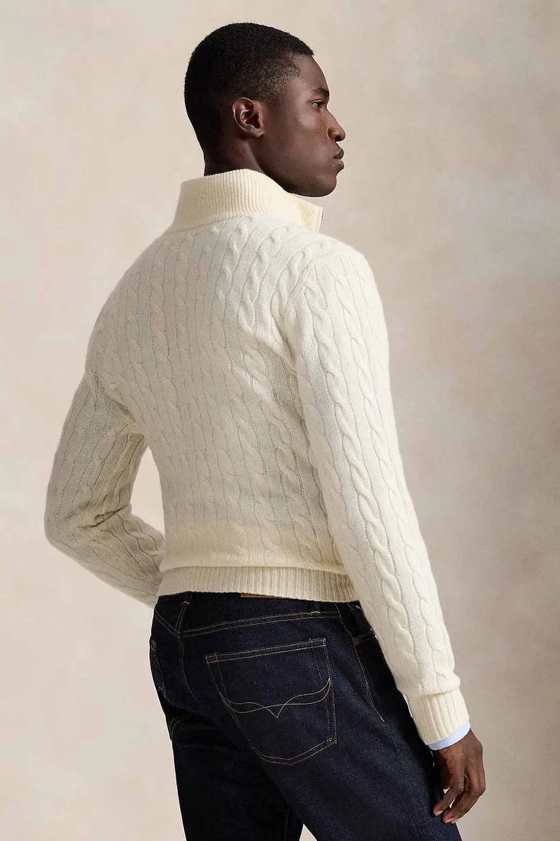 Polo Ralph Lauren Herren Strickpullover mit Zopfmuster und Reißverschluss Andover Cream