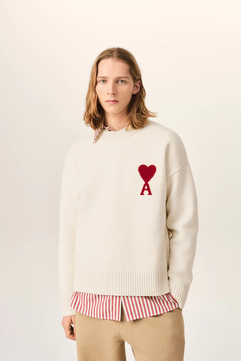 AMI Paris Herren Strickpullover Off-White/Rot