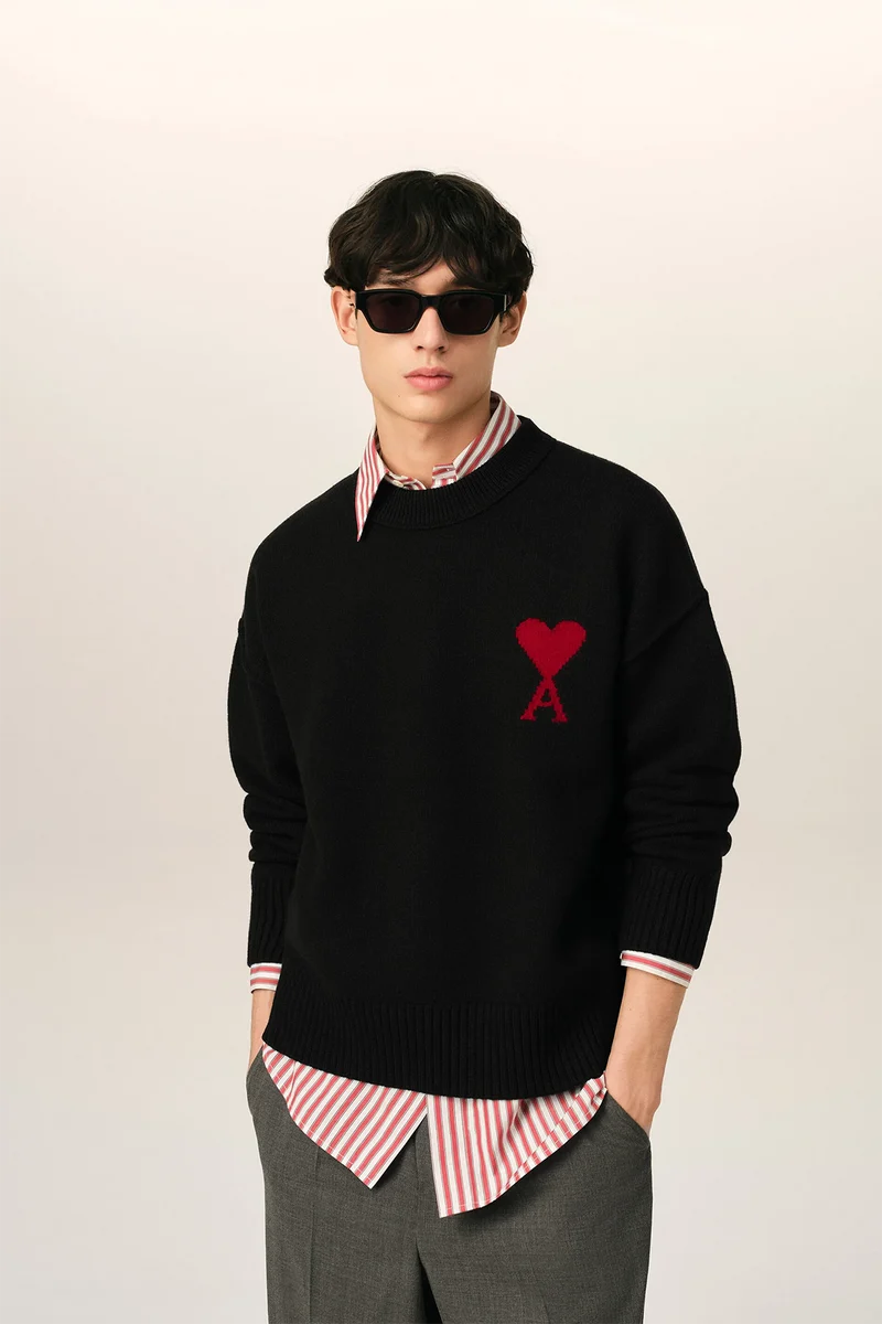 AMI Paris Herren Strickpullover Schwarz/Rot