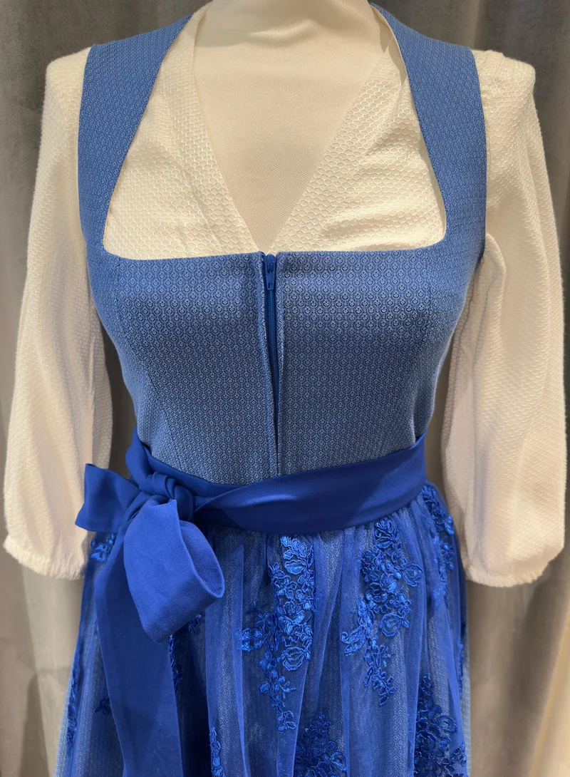 Dirndl Goldstich hellblau mit Spitzenschürze 70cm