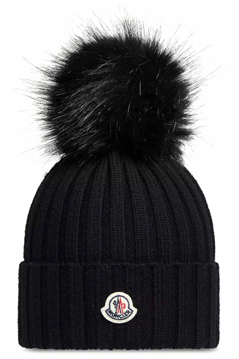 Moncler Damen Strickmütze mit Bommel Schwarz