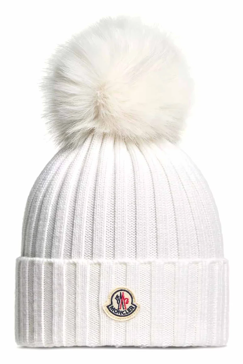 Moncler Damen Strickmütze mit Bommel Wiess