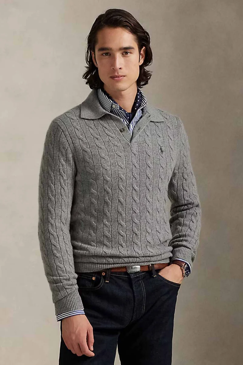 Polo Ralph Lauren Herren Strickpullover mit Zopfmuster und Kragen Grey Heather