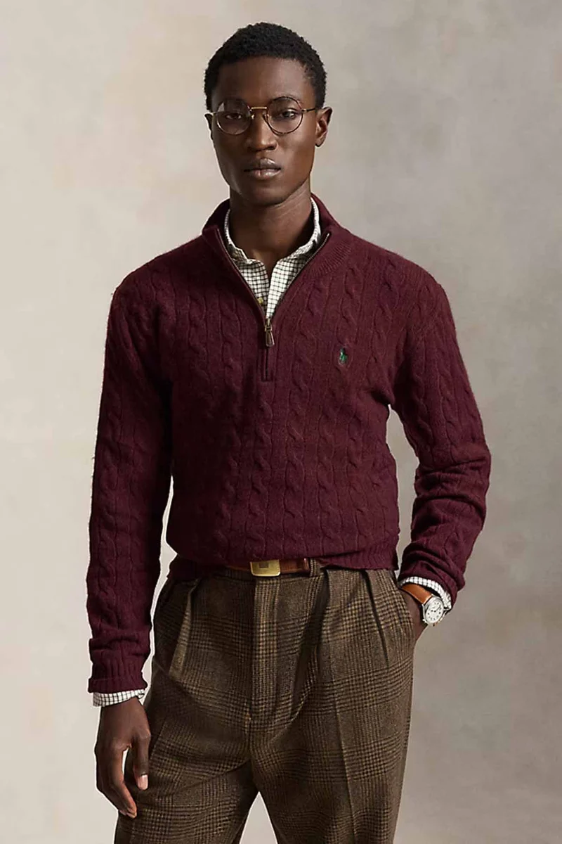 Polo Ralph Lauren Herren Strickpullover mit Zopfmuster und Reißverschluss Aged WIne Heather