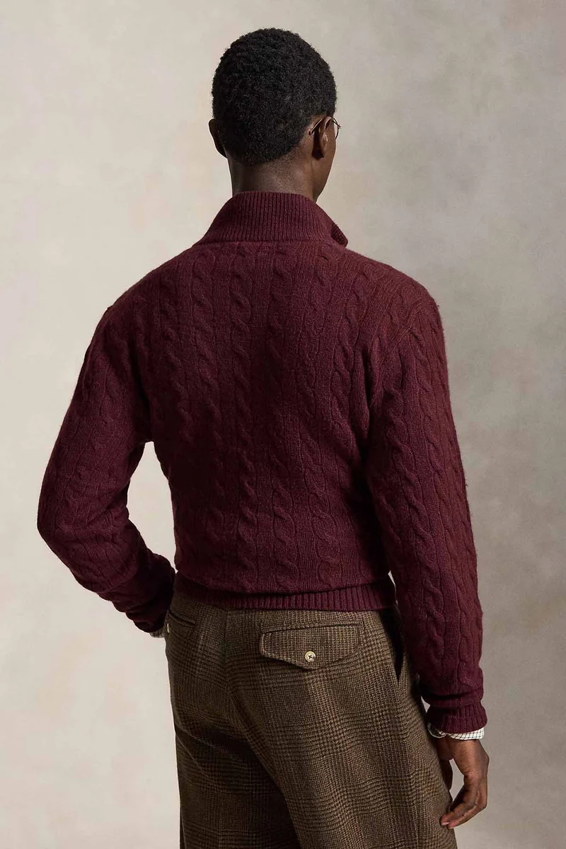 Polo Ralph Lauren Herren Strickpullover mit Zopfmuster und Reißverschluss Aged WIne Heather