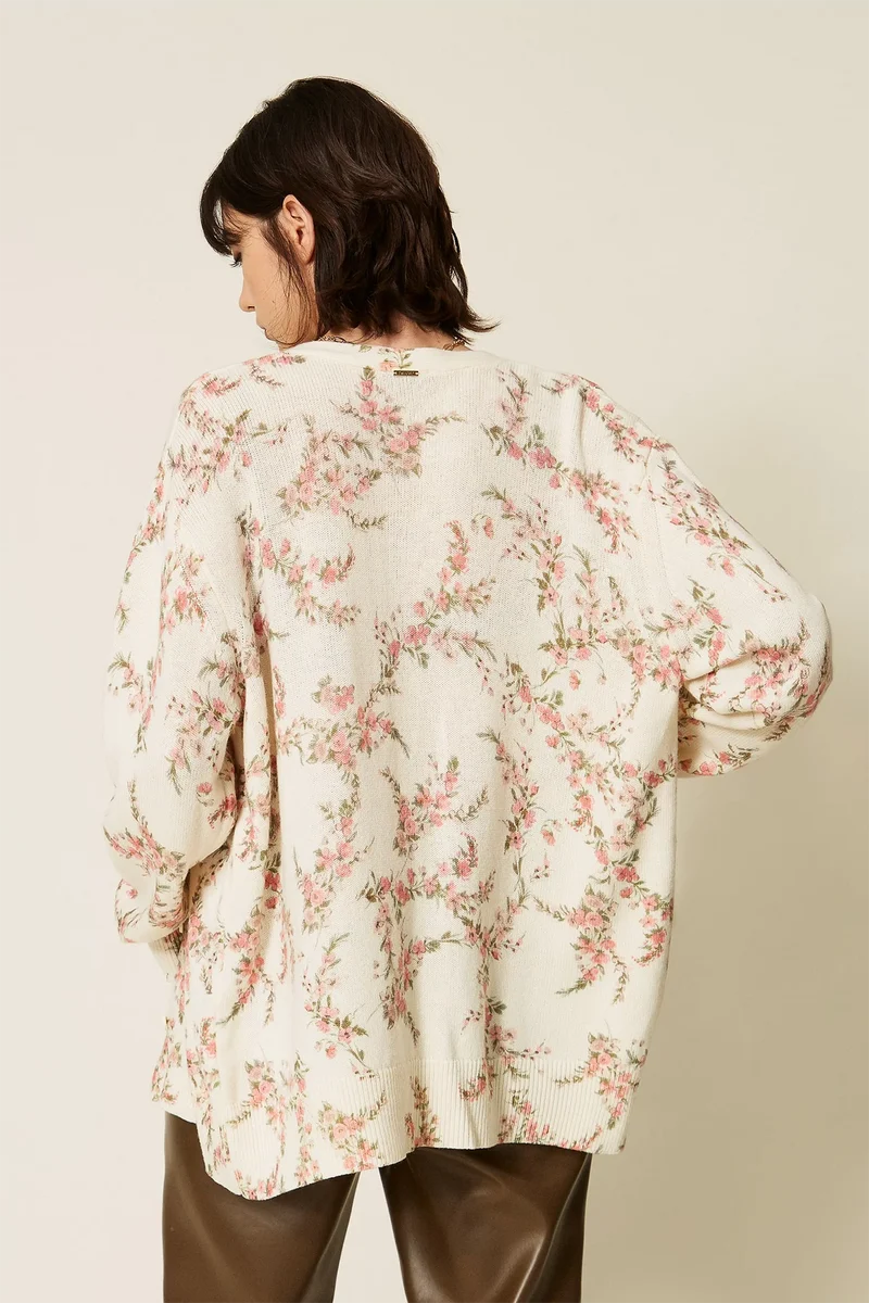 Twin Set Damen Maxicardigan mit Blumenmuster Natur-Weiss