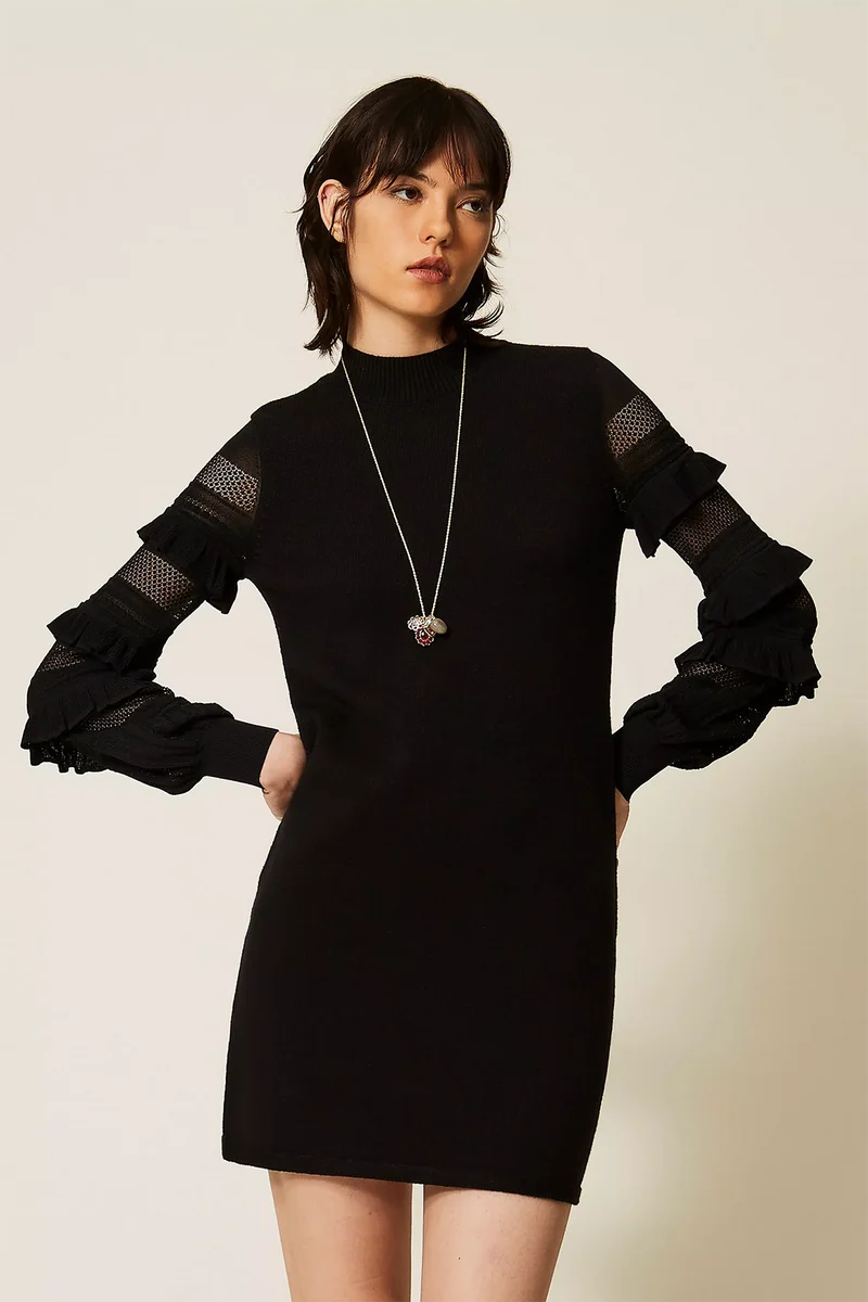 Twin Set kurzes Damen Strickkleid mit Netzmaschen Schwarz