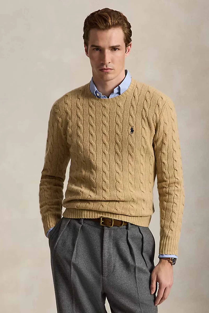 Polo Ralph Lauren Herren Strickpullover mit Zopfmuster Camel Melange