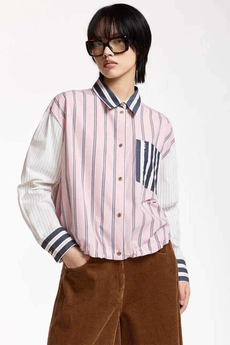 Essentiel Antwerp Damen Patchwork-Bluse mit Streifen Kozef Hellrosa/Weiss