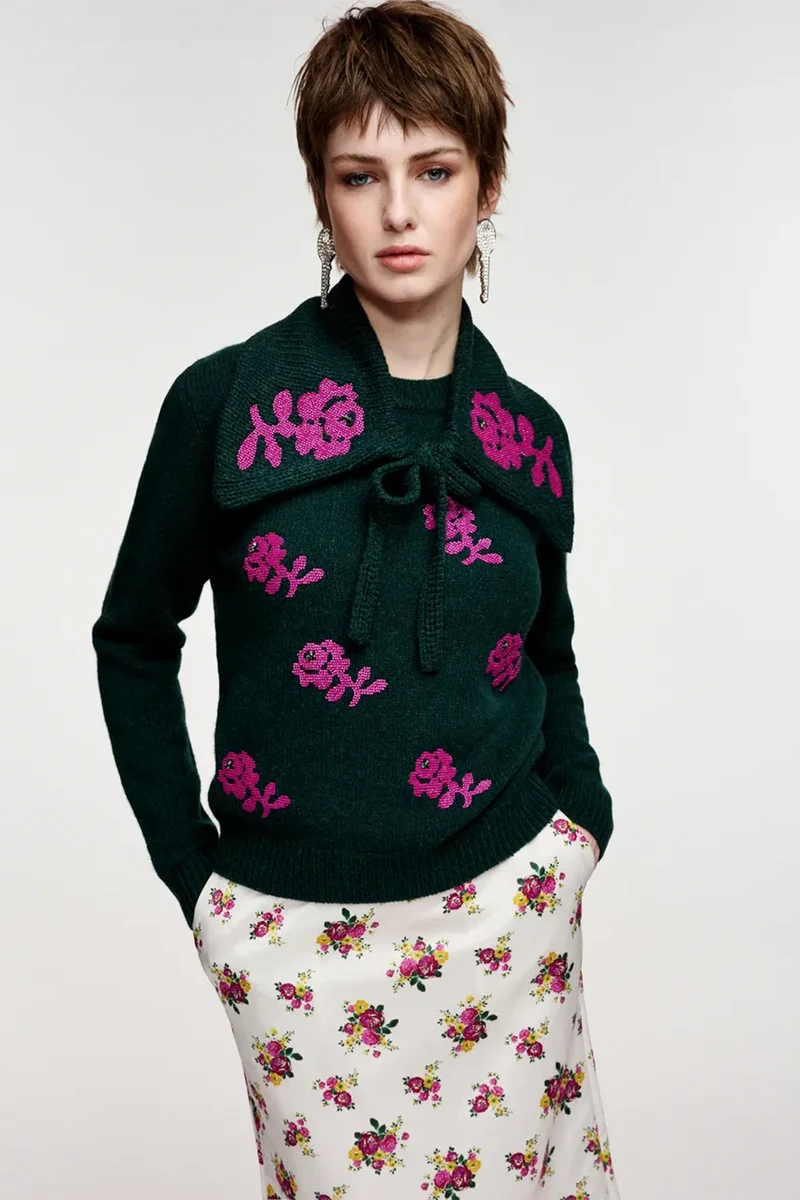 Essentiel Antwerp Damen Jacquard-Wollpullover mit Blumenmuster Korine Dunkelgrün