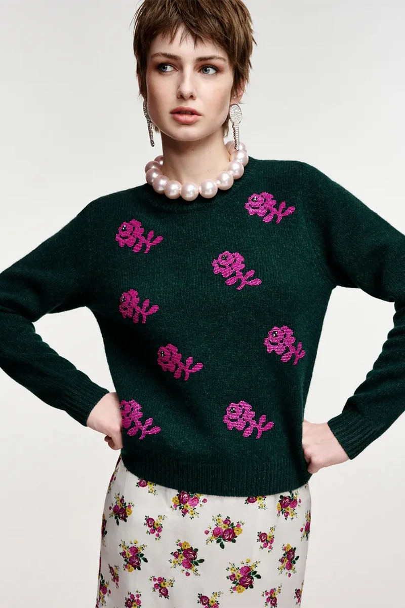 Essentiel Antwerp Damen Jacquard-Wollpullover mit Blumenmuster Korine Dunkelgrün