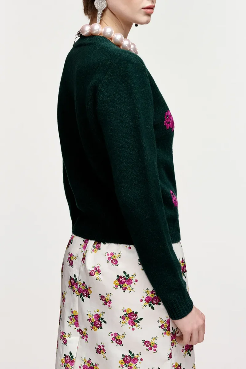 Essentiel Antwerp Damen Jacquard-Wollpullover mit Blumenmuster Korine Dunkelgrün