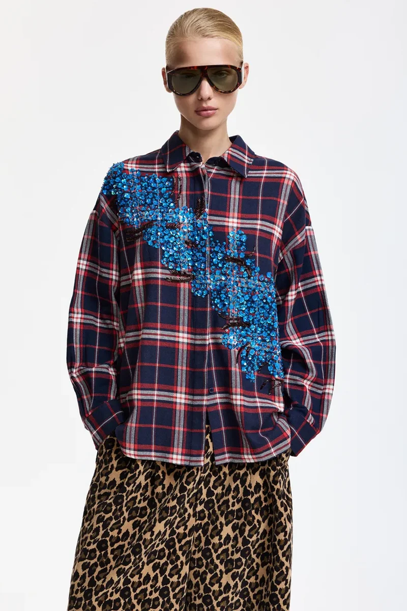 Essentiel Antwerp Damen Oversized-Bluse mit Karomuster Kirke Blau/Rot