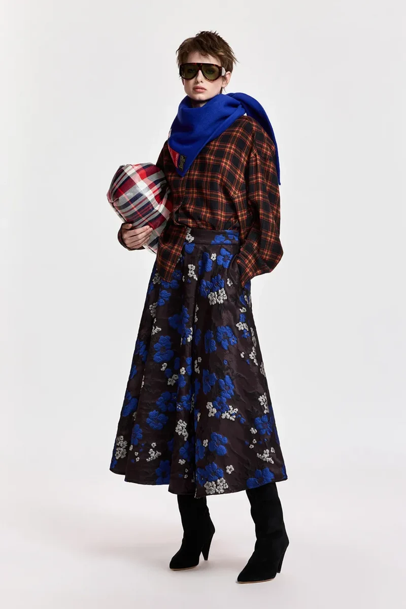 Essentiel Antwerp Damen Jacquard-Midirock mit Blumenmuster Kathyanne Blau/Braun