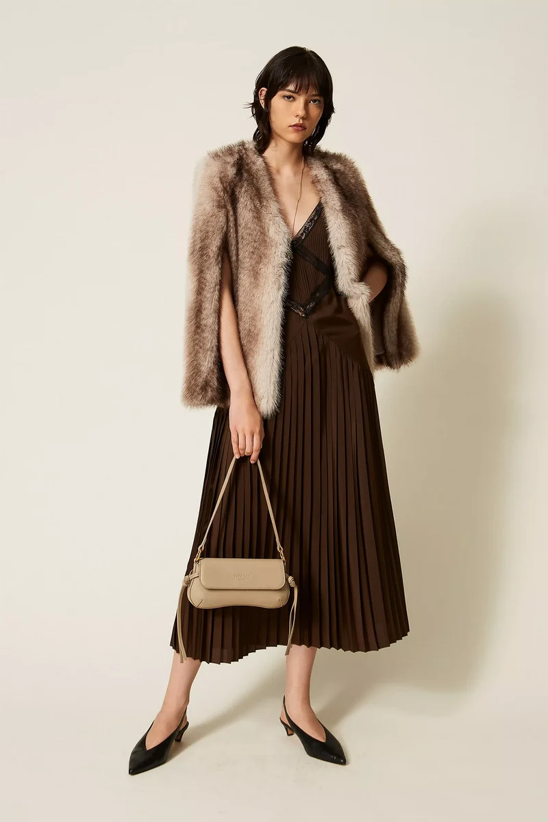 Twin Set Damen Ponchojacke aus Kunstpelz Beige/Braun