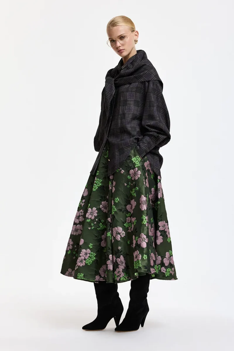 Essentiel Antwerp Damen Jacquard-Midirock mit Blumenmuster Kathyanne Grün/Rosa