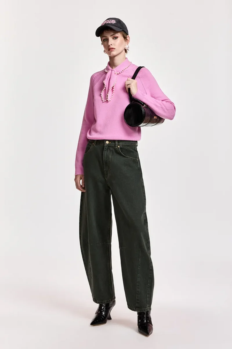 Essentiel Antwerp Damen Wolle-Kaschmir-Pullover mit Schleifenkragen Kasa Rosa