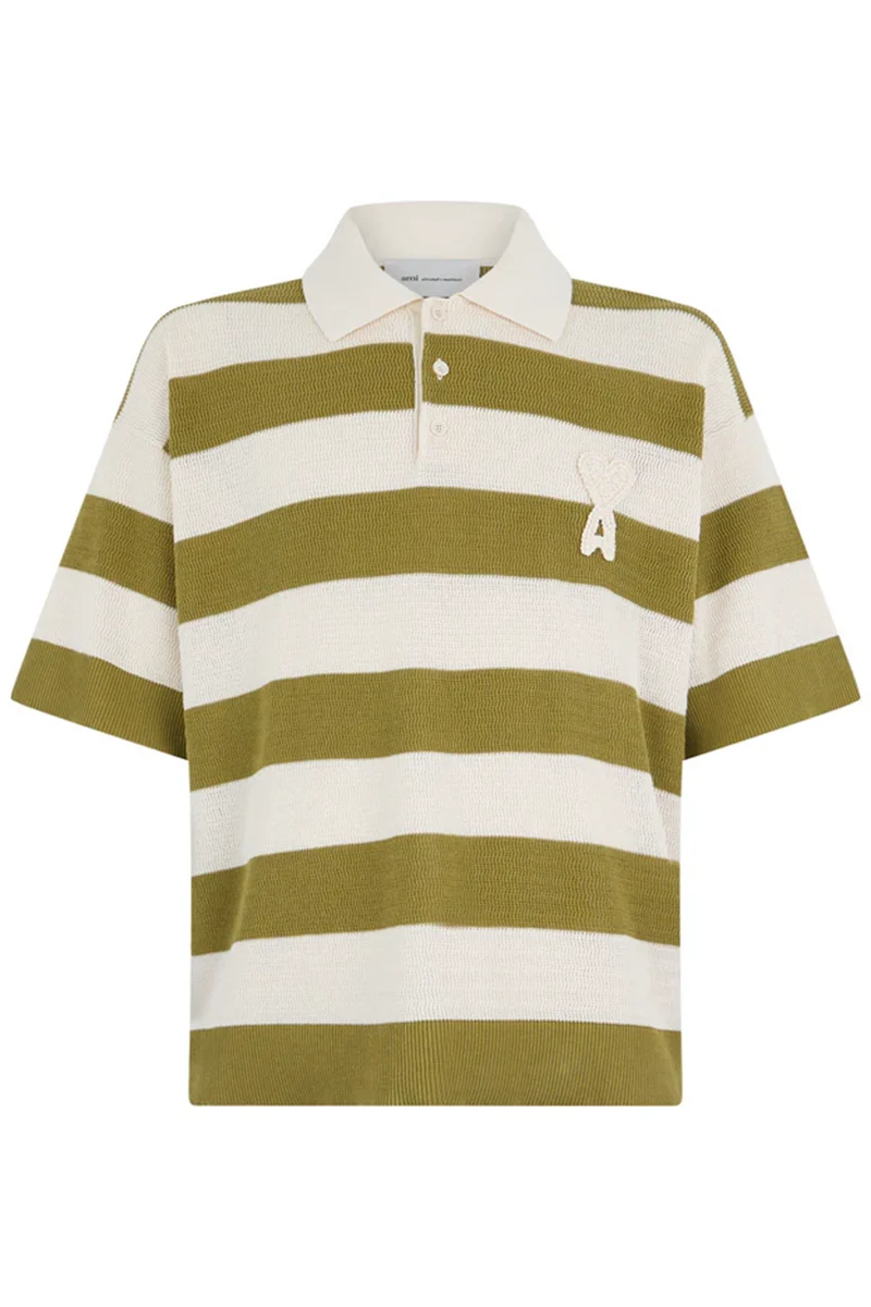 AMI Paris Gestreiftes Herren Strickpolo Creme/Matcha