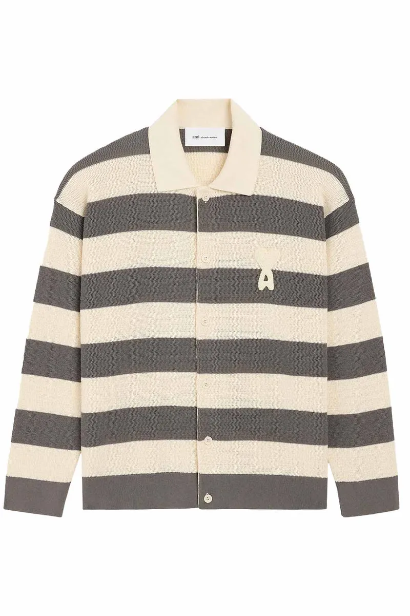 AMI Paris gestreiftes Herren Strickshirt Creme/Grau