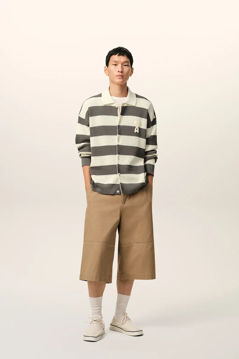 AMI Paris gestreiftes Herren Strickshirt Creme/Grau