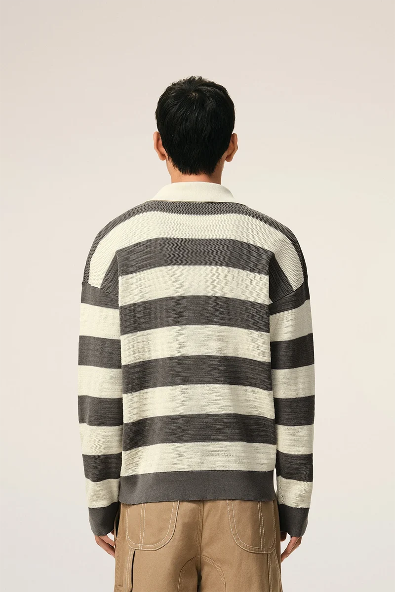 AMI Paris gestreiftes Herren Strickshirt Creme/Grau