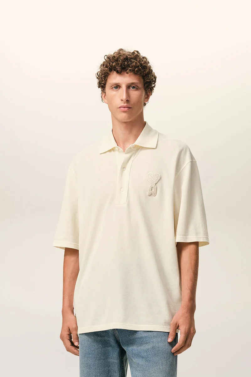 AMI Paris Herren Pique-Poloshirt Natur-Weiss