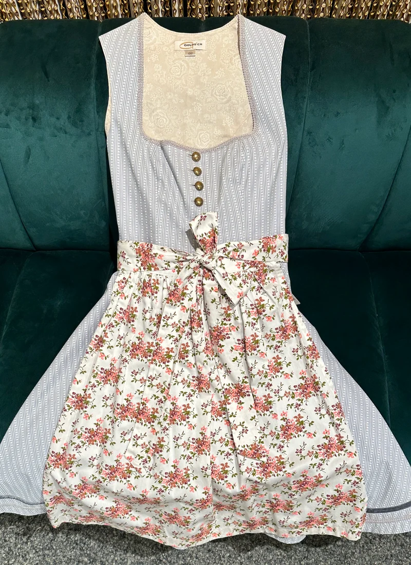 Baumwolldirndl Goldstich silber/weiß geblümt 64cm