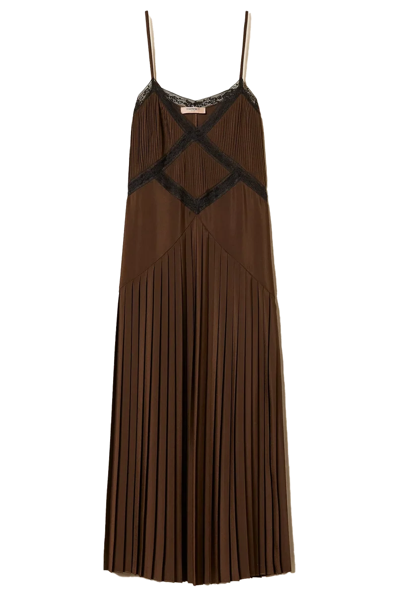 Twin Set Damen Maxikleid aus Crêpe de Chine und Spitze Braun