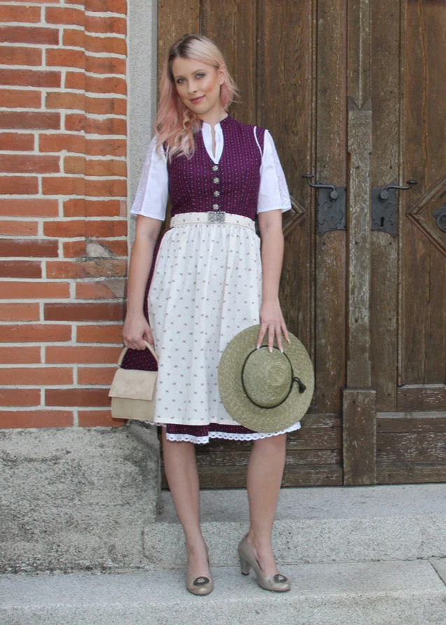 Vintage Dirndl Goldstich lila/creme Schürze mit Schließe 65cm