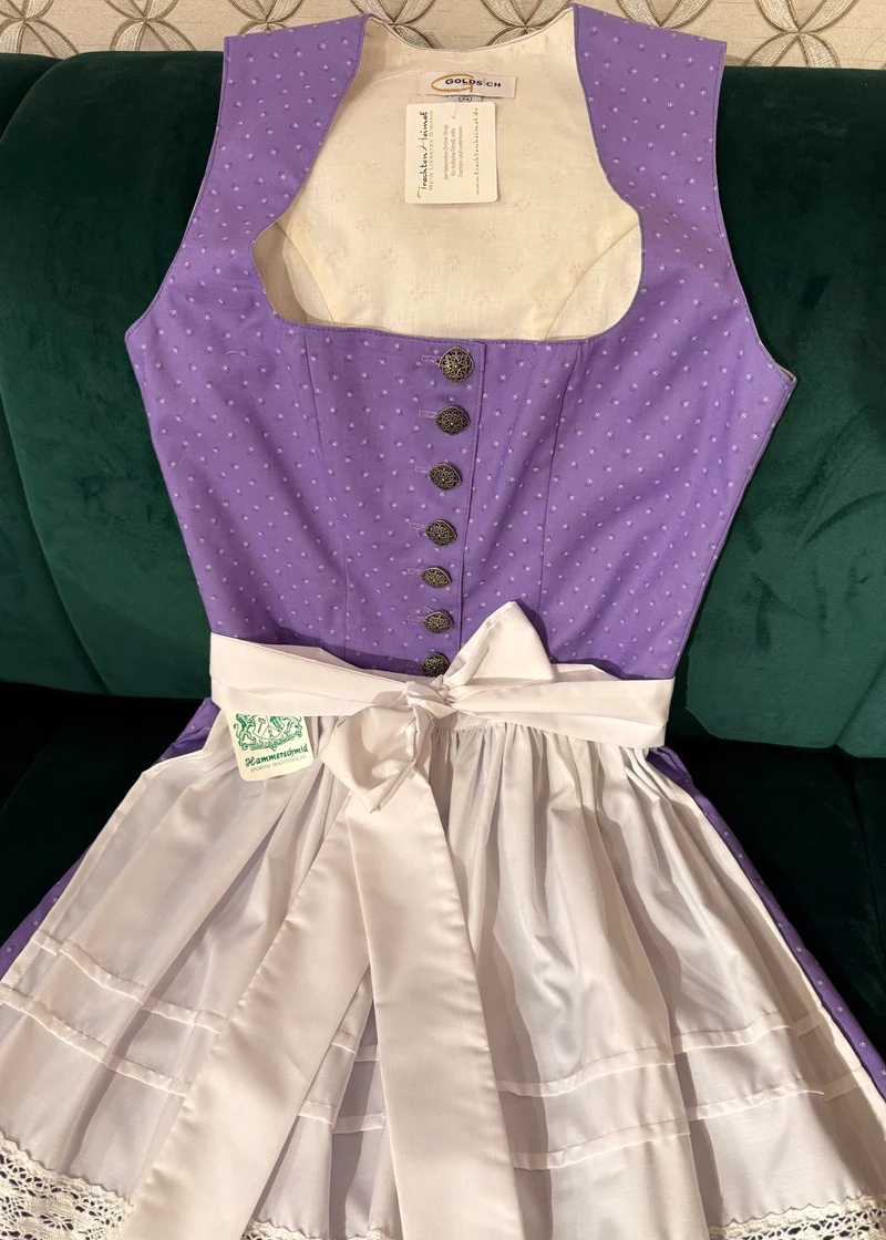 Dirndl Goldstich lila/weiß 60cm
