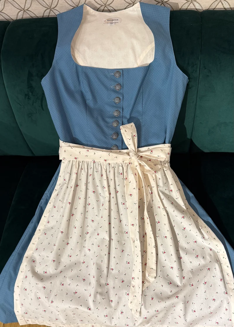 Baumwolldirndl Goldstich blau/creme 65cm