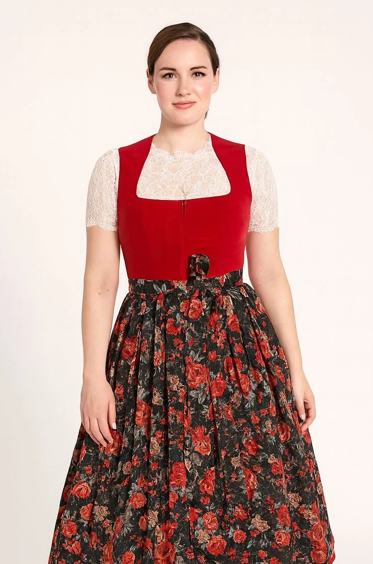 Dirndl Goldstich Samt rot Blumen 75cm