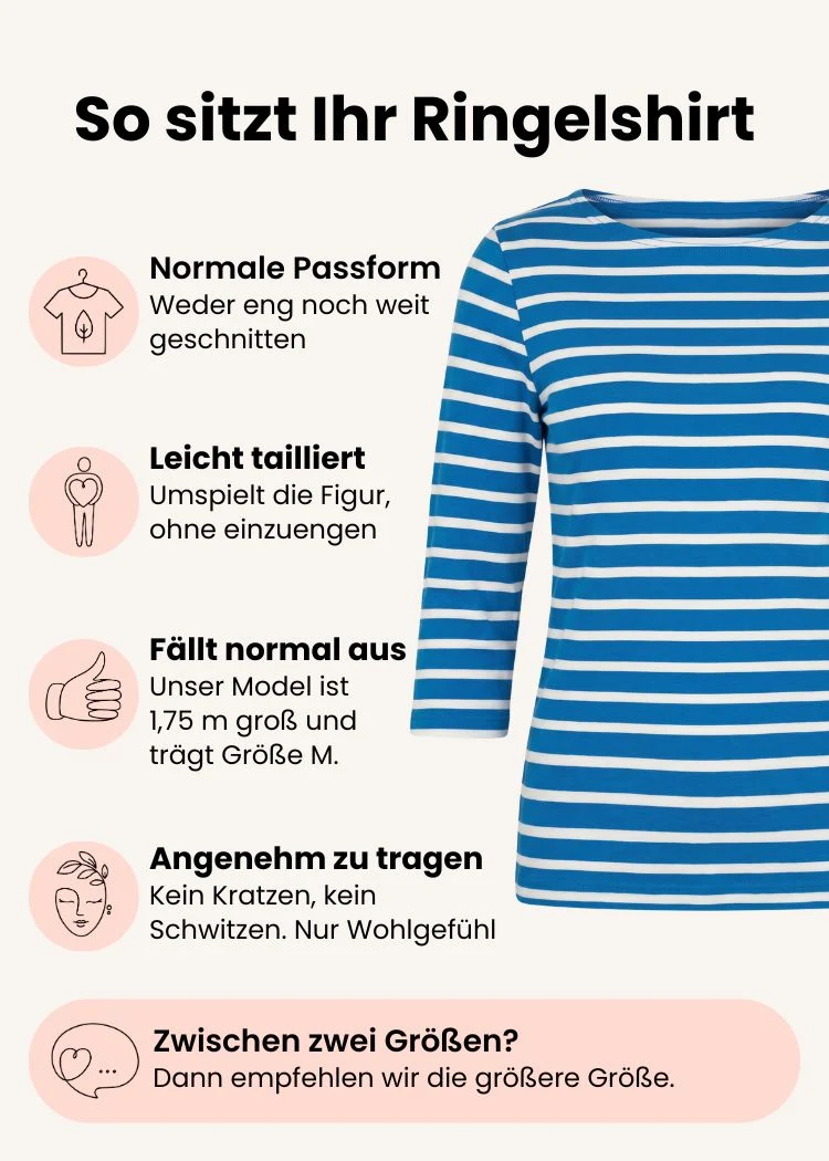 Ringelshirt Damen 3/4-Arm aus Bio-Baumwolle – Petrol/Weiß