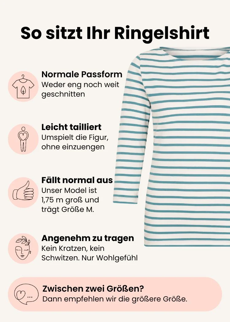 Ringelshirt Damen 3/4-Arm aus Bio-Baumwolle – Weiß/Petrol