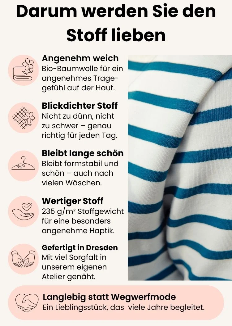 Ringelshirt Damen 3/4-Arm aus Bio-Baumwolle – Weiß/Petrol