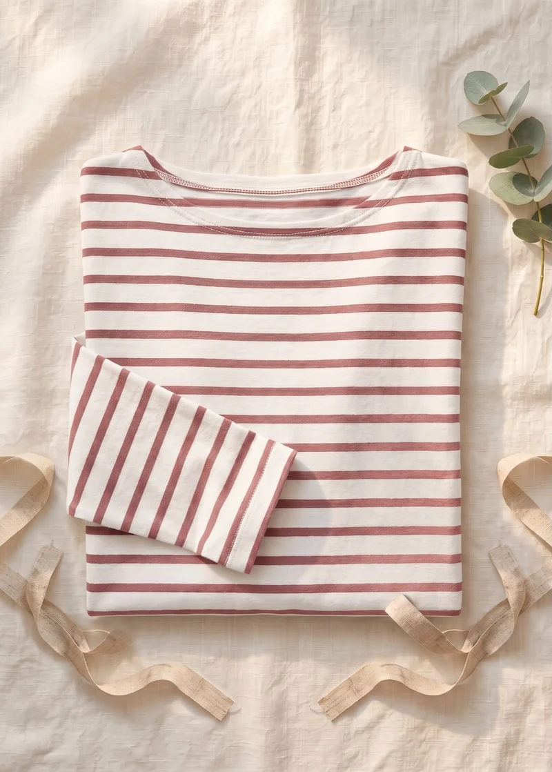 Ringelshirt Damen 3/4-Arm aus Bio-Baumwolle – Ecru/Rosenholz