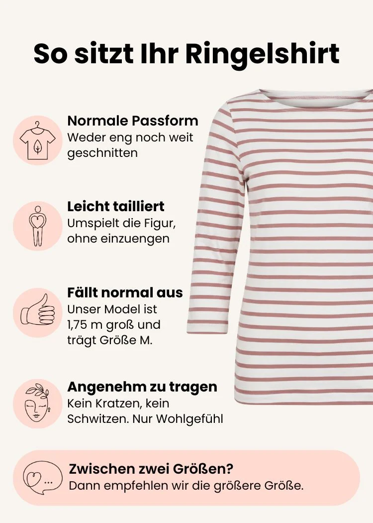 Ringelshirt Damen 3/4-Arm aus Bio-Baumwolle – Ecru/Rosenholz