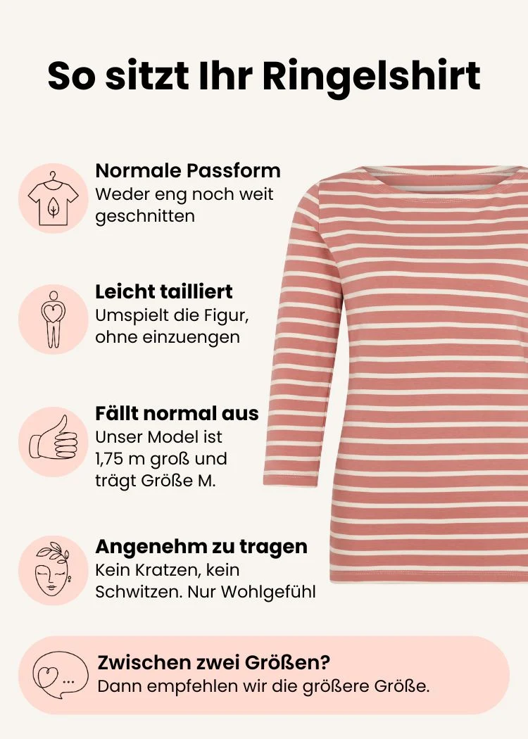 Ringelshirt Damen 3/4-Arm aus Bio-Baumwolle – Rosenholz/Ecru