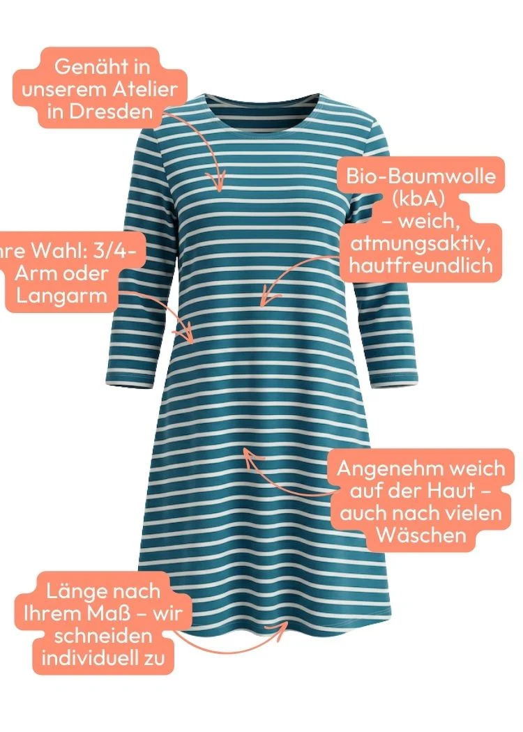 Streifenkleid Damen Bio-Baumwolle – Petrol/Weiß
